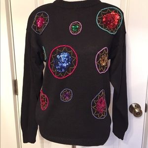 VINTAGE BONNIE EVANS SWEATER BLACK CREWNECK UGLY TACKY XMAS BEADS SEQUIN Size M